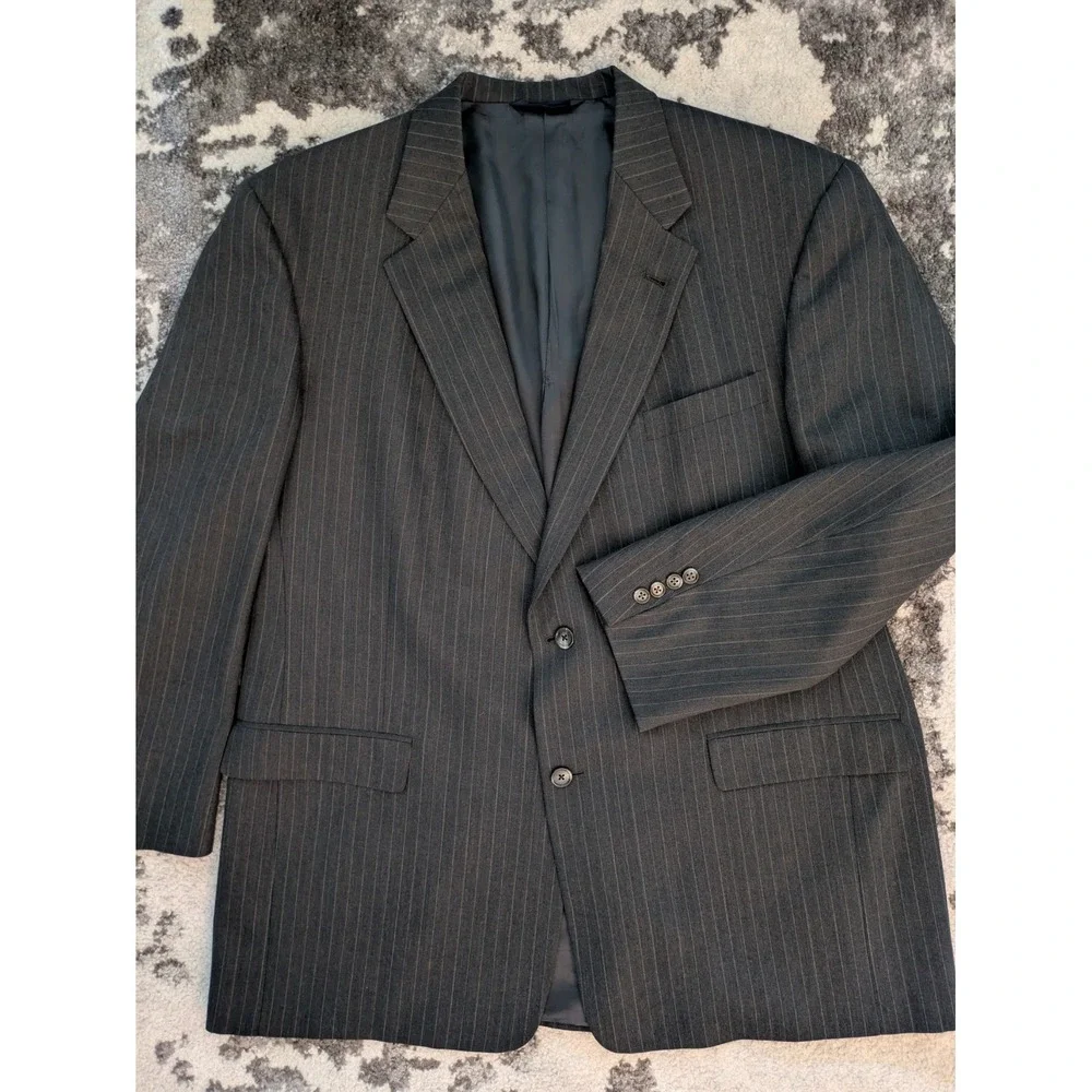 Burberry‎ London Mens Wool Blazer 48L Dark Gray Stripe Two-Button Suit Jacket